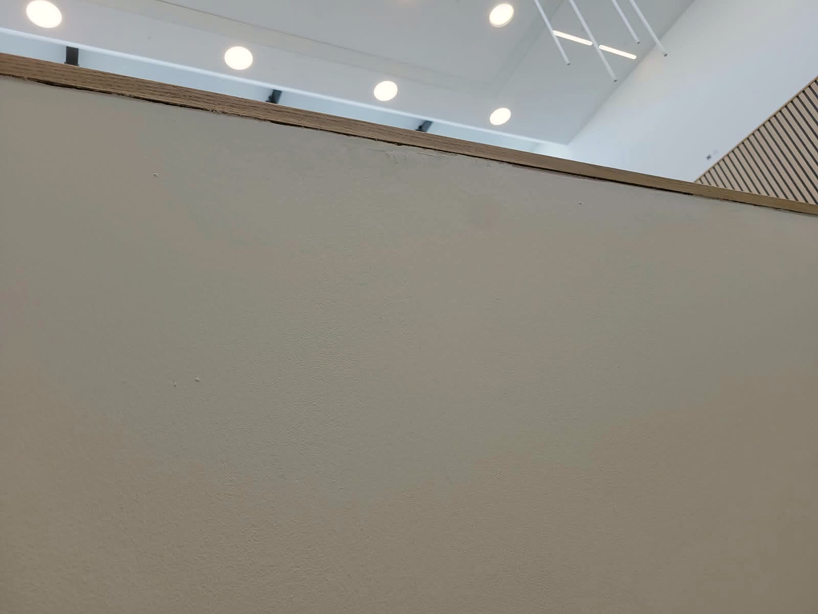 Atrium wall painted smooth white under a timber rail, with ceiling lights above